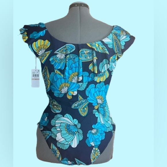NWT Trina Turk Pirouette Off-The-Shoulder Ruffle, One Piece Swimsuit sz 12 - Picture 2 of 2